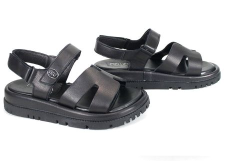Sandale damă VISTA din piele naturală, negre cu accent platinat și platformă