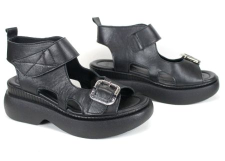 Sandale damă VISTA din piele naturală, negre cu accent platinat și platformă