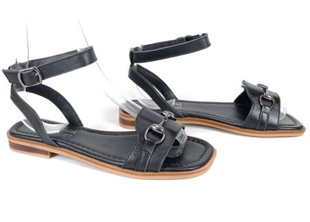 sandale dama negre din piele naturală Dalia Chiara cu accesoriu metalic