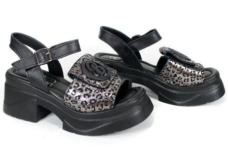 sandale damă Viva Selva piele naturală leopard negru platina