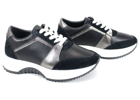 Pantofi sport damă din piele naturală și velur negri cu detalii platină