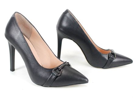 pantofi damă Linea Nera din piele naturală, negri, cu toc înalt și detaliu metalic