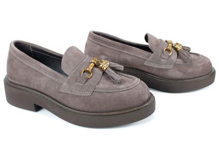 loafers damă Doux Éclat din velur natural vizon, cu decorațiune aurie și talpă ușoară