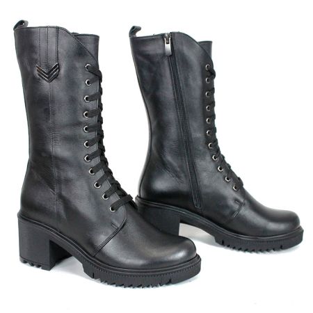 Ghete damă Valora Nera din piele naturală neagră cu șireturi și fermoar