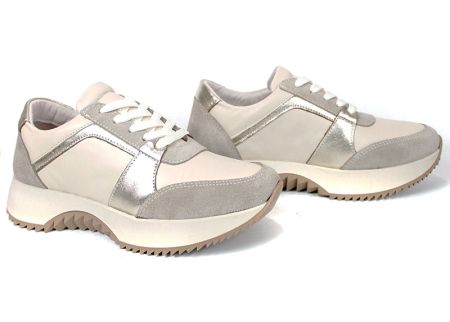 Pantofi sport damă Luce Argento din piele naturală bej și velur cu accente aurii