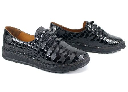 Linea Croco – pantofi damă mărimi mari din piele naturală lăcuită, negri