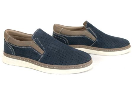 Pantofi bărbătești de vară fără șireturi din nabuc natural albastru închis cu detalii bej