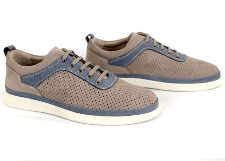 Pantofi bărbătești Arvo Pace din nabuc natural perforat bej cu accente denim