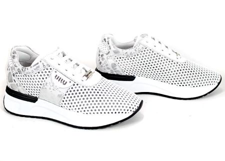 Sneakers damă Soft Edge din piele naturală albă cu detalii leopard argintiu