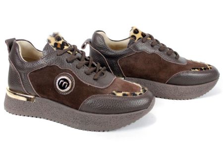 Linea Vibe – sneakers damă din piele naturală și velur maro închis