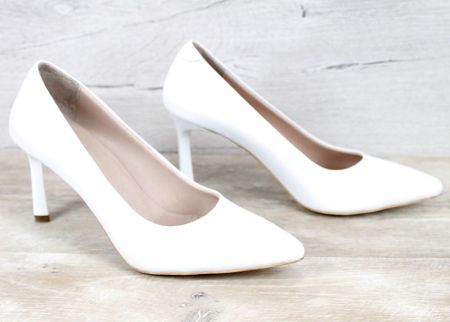 Pantofi stiletto damă albi Marena Lumo piele naturală toc 8 cm