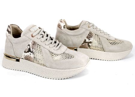 Melora Vanté – sneakers dama din piele velur cu inserții din plasă și accent python în nuanță bej