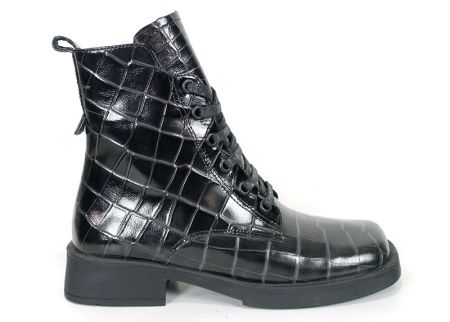 Women's Combat Boots in Black Glossy Genuine Leather with Croc Embossing