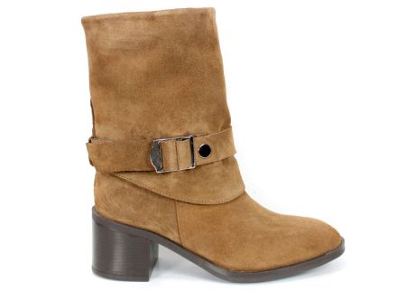 Botine damă Claudia Venturi din piele întoarsă naturală maro deschis cu toc gros