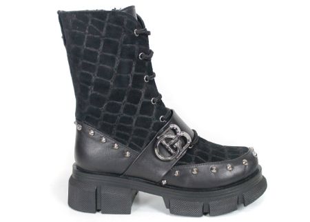 Bocanci damă punk din piele naturală și piele întoarsă cu efect crocodil, negri Vittoria Ribelle