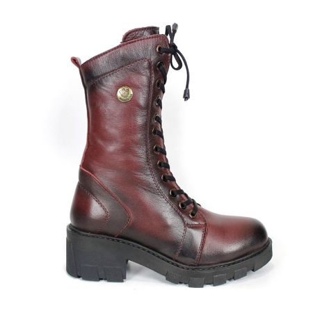 Women's Velluto Ombra Burgundy Genuine Leather Combat Boots with Laces, Side Zipper and Warm Plush Lining