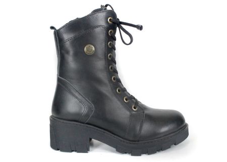 Valeria Montoro Women's Black Genuine Leather Combat Boots with Warm Lining, Elastic Laces and Side Zipper