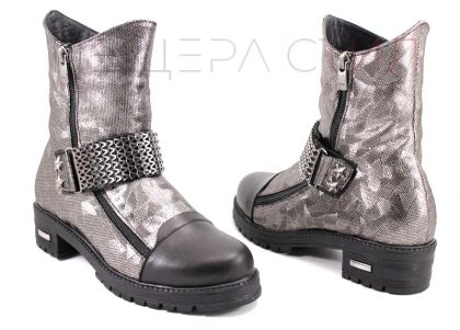 Ghete de damă din piele naturală în argint și negru 1035 SR