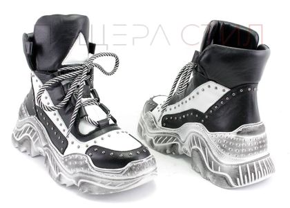 Femei pantofi de sport de iarnă din piele naturală în alb-negru 6002 CH