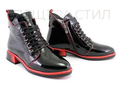 Botine elegante pentru femei, cu fermoar lateral și șireturi în negru și roșu - Model Esmeralda.