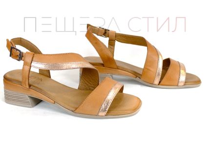 sandale damă Solena Flow piele naturală moka auriu toc jos