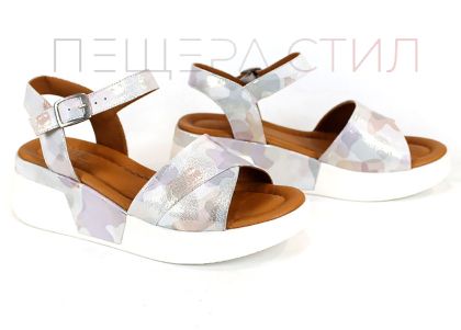 Sandale damă Liora din piele naturală – camuflaj alb cu platformă albă