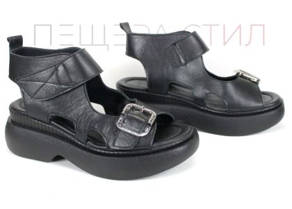 Sandale damă VISTA din piele naturală, negre cu accent platinat și platformă