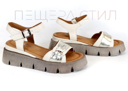Sandale damă VISTA din piele naturală – bej cu accent platinat și talpă maro