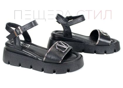sandale damă Noir Tempo din piele naturală neagră cu detalii platină și platformă medie
