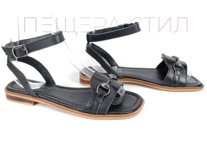 sandale dama negre din piele naturală Dalia Chiara cu accesoriu metalic