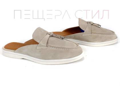 Papuci de damă Duna Beige din velur cu ciucure și talpă albă