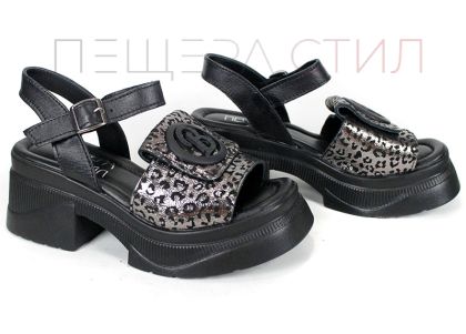 sandale damă Viva Selva piele naturală leopard negru platina