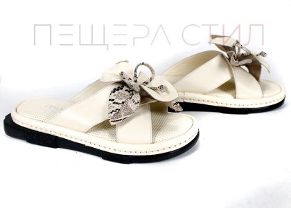 papuci damă Dalia Fiore din piele bej cu fundă decorativă