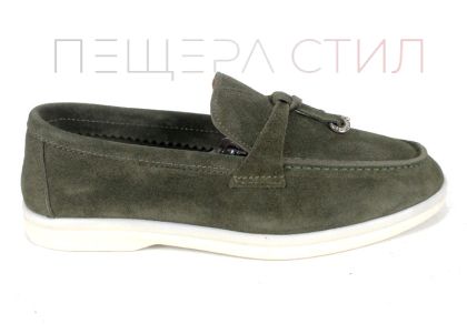 Mistica – mocasini damă din piele întoarsă kaki cu talpă flexibilă și branț din piele naturală