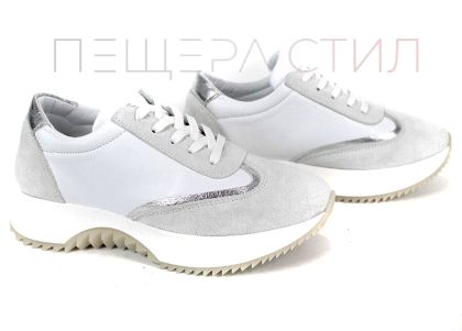 Sneakers damă Eleganza Viso din piele albă, velur alb și detaliu argintiu