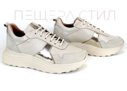 Sneakers damă Aurea Luce din piele naturală și velur bej cu detaliu auriu