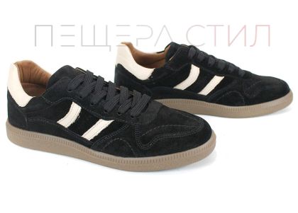 Pantofi sport retro damă Auria Tempo din piele întoarsă naturală – negru cu accente bej