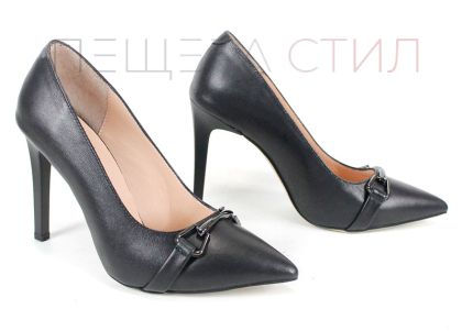 pantofi damă Linea Nera din piele naturală, negri, cu toc înalt și detaliu metalic