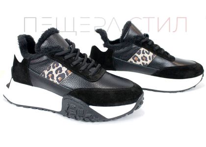 Pantofi sport damă Fiera Nero – piele naturală, iarnă, detaliu leopard