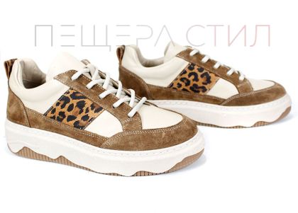 Pantofi sport damă Avileta – piele vizon și velur cu detaliu auriu, interior piele