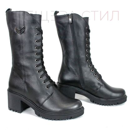 Ghete damă Valora Nera din piele naturală neagră cu șireturi și fermoar