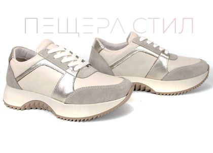 Pantofi sport damă Luce Argento din piele naturală bej și velur cu accente aurii