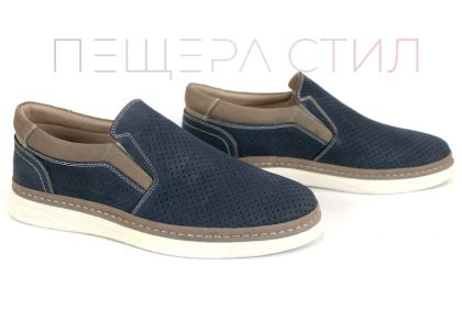 Pantofi bărbătești de vară fără șireturi din nabuc natural albastru închis cu detalii bej