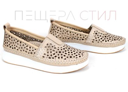 Pantofi damă Mira Flow Beige din piele naturală perforată