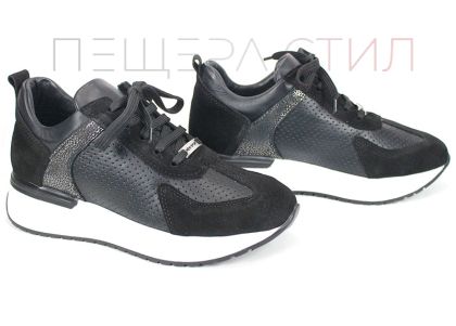 Sneakers damă Alba Step din piele naturală și velur negri