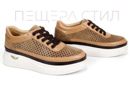 Pantofi damă Bella Form din velur natural maro deschis cu perforații