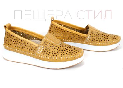 pantofi damă Mira Flow piele naturală muștar perforații florale