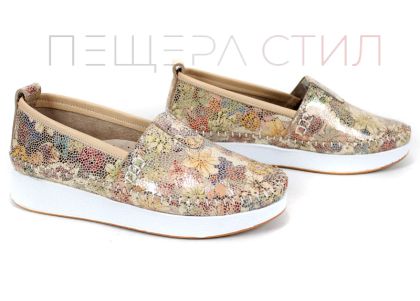 pantofi dama Mira Flow piele naturala imprimeu floral bej