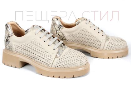 pantofi dama piele naturala bej Virella Arte cu sireturi platforma