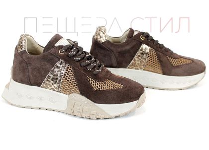 Celine Viora – sneakers damă din piele velur și material textil, maro închis